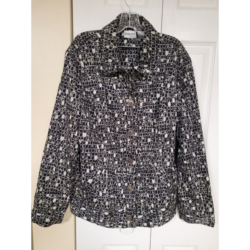 Chico's Black White Grid Print Button Front Jacket Size 2 Ruched Back Size 12/L